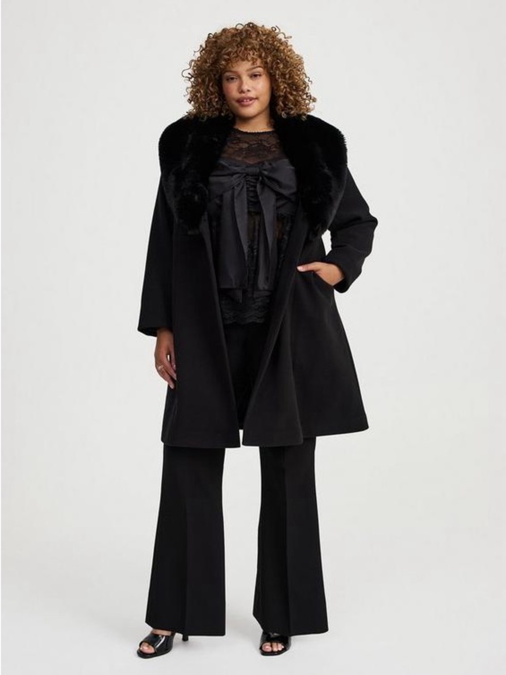 Torrid Black Faux Fur Collar Fit Flare Coat 3X Removable Collar Longline Jacket - Picture 3 of 5
